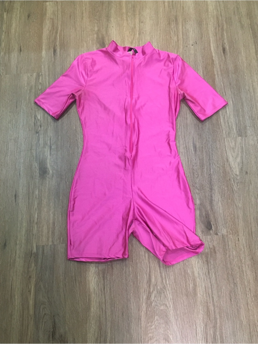 Bright Pink Short Sleeve Zip-Front Romper
